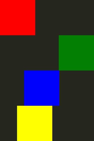 Red, green, blue, and yellow squares in staggered positions