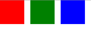 Red, green, and blue squares arranged in a row using positioners