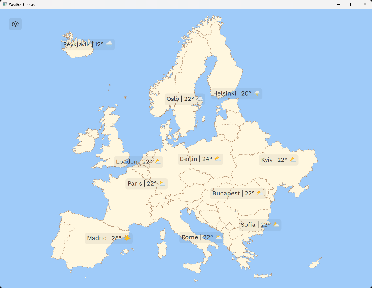 Weather forecast app showing vector map of Europe with city temperatures and weather icons