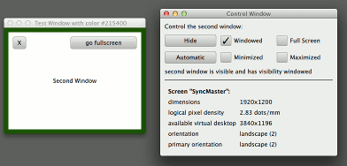 Control Window with visibility buttons and screen properties, alongside a secondary Test Window