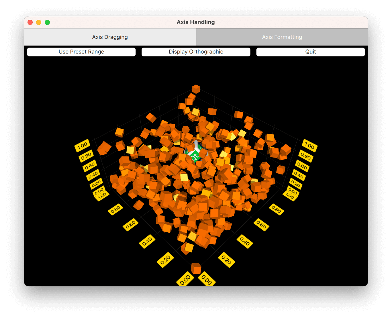 3D scatter graph of orange points with draggable yellow axis labels