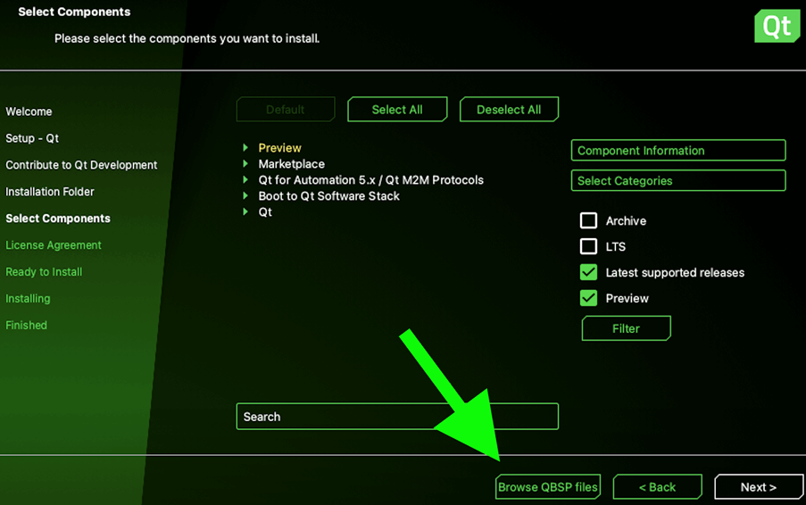 Qt Installer component selection with Browse QBSP files button