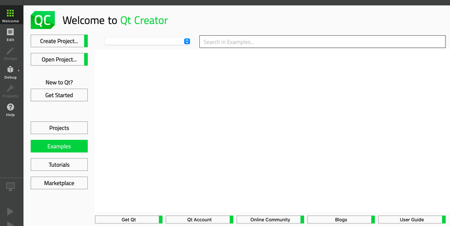Qt Creator welcome screen with project options
