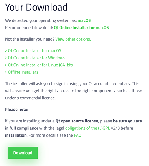 Qt Online Installer download page with operating system auto-detection