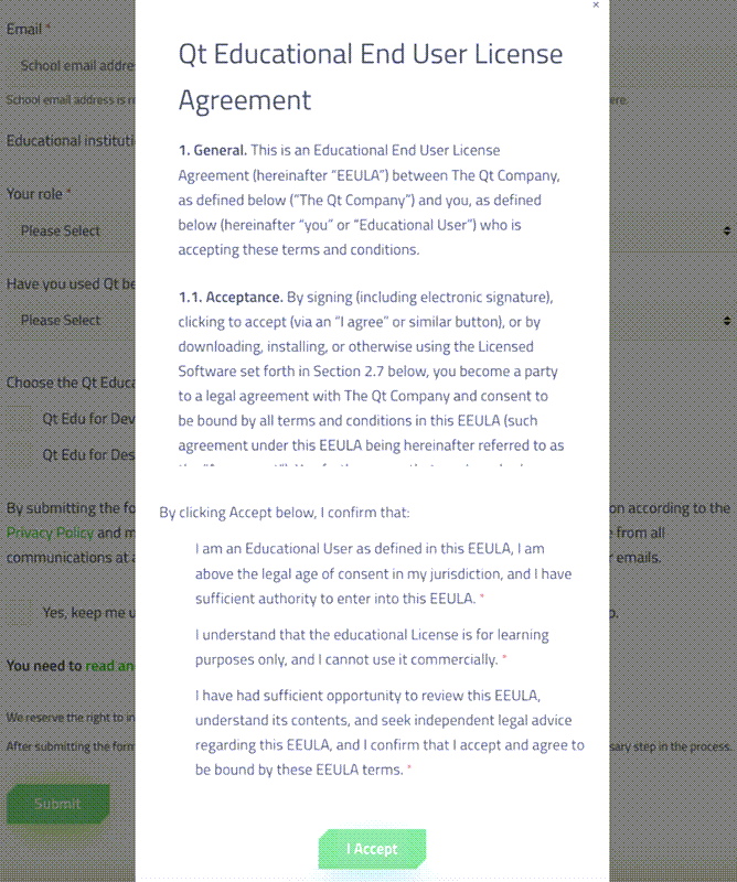 Qt Educational End User License Agreement with the I accept option
