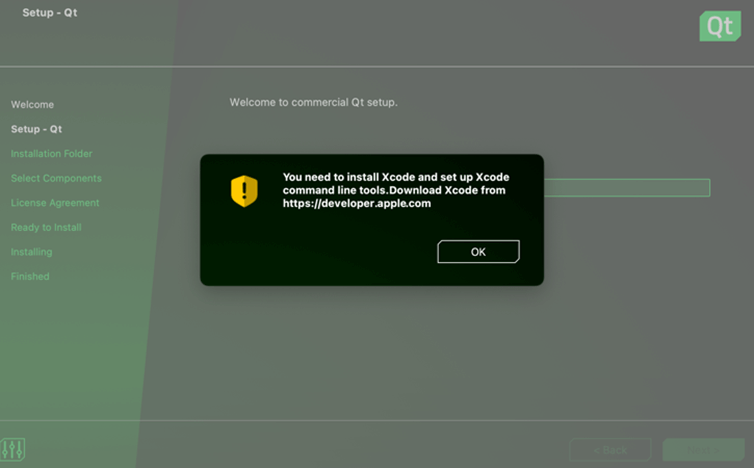 Pop-up dialog prompting Xcode installation on macOS