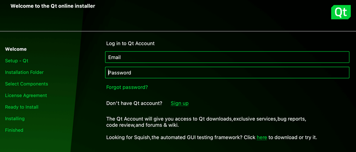Qt Online Installer login page with email and password fields