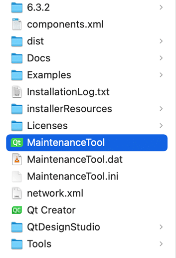 Qt installation folder with MaintenanceTool selected