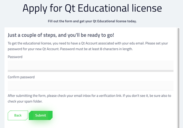 Qt Account password creation page