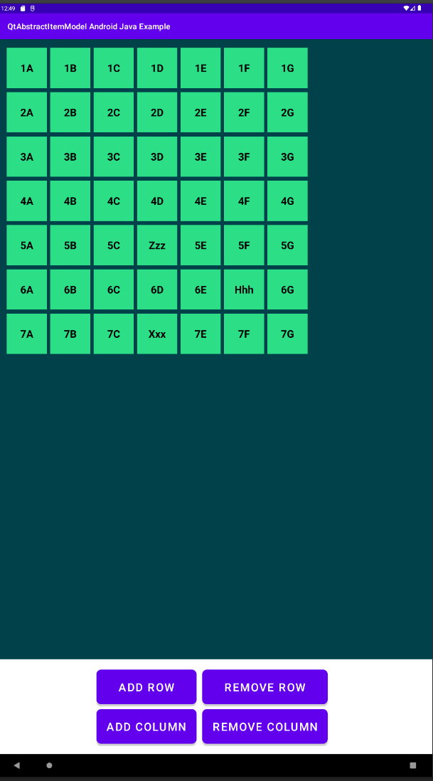 Android app with TableView displaying editable cell grid and row/column control buttons