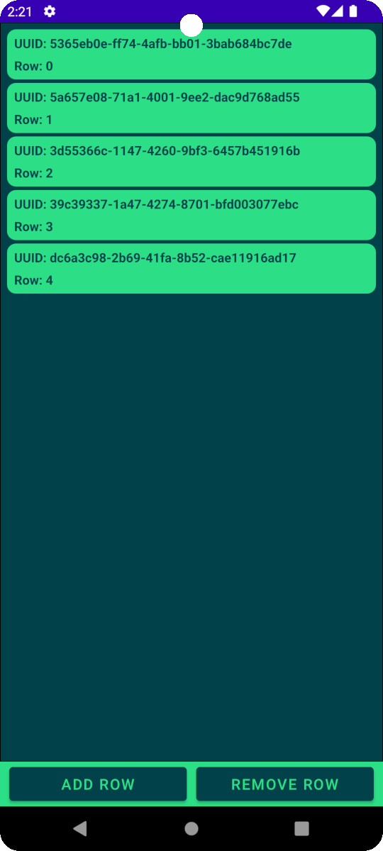 Android app with ListView displaying UUID and row data with Add Row and Remove Row buttons