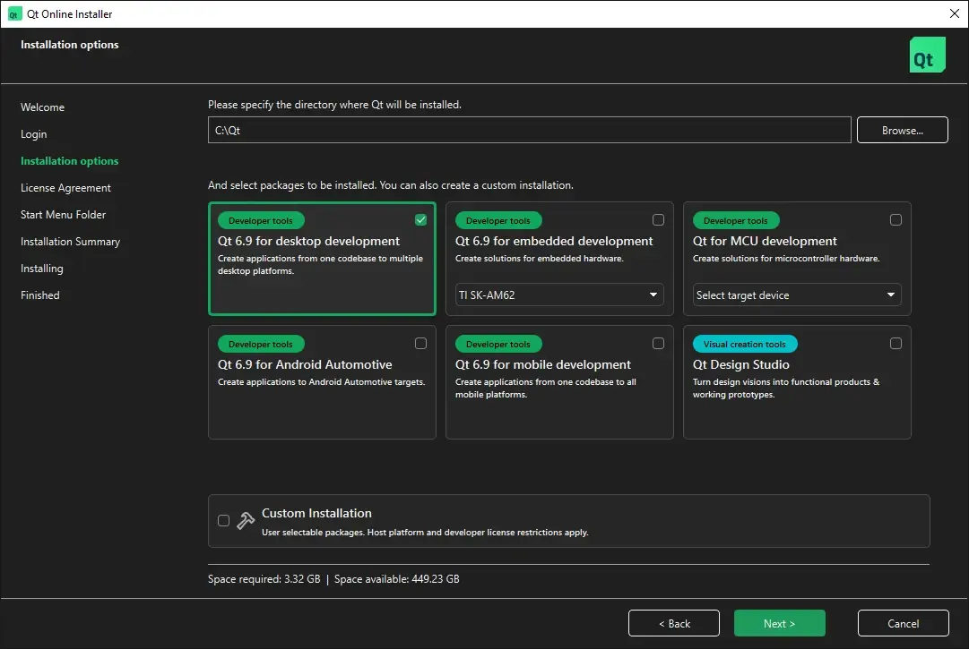 Qt Online Installer showing development target options for desktop, embedded, MCU, automotive, and mobile platforms