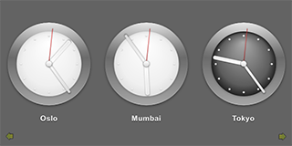 Three analog clocks showing time in Oslo, Mumbai, and Tokyo