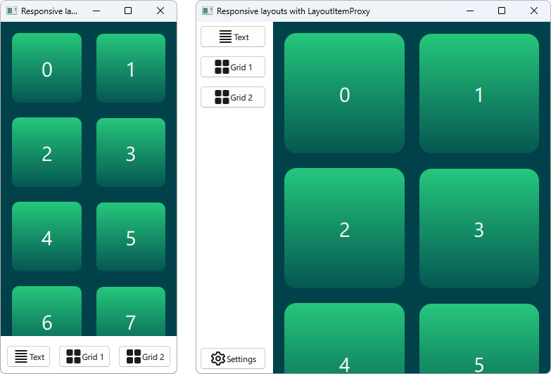 Two windows showing responsive layout: narrow view with compact grid, wide view with sidebar