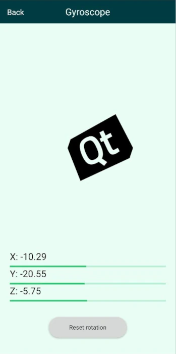 Gyroscope view showing a rotated Qt logo with X, Y, and Z value sliders and a Reset rotation button