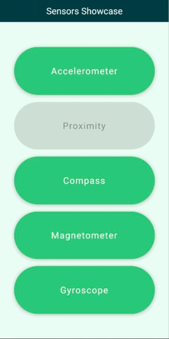 Sensors Showcase main menu with buttons for Accelerometer, Proximity, Compass, Magnetometer, and Gyroscope, with Proximity disabled