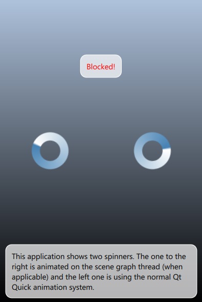 Two spinner animations comparing main thread and scene graph thread animation with Blocked button