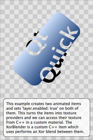 Rotating blue rectangle and Qt Quick text XOR-blended, showing transparency where they overlap