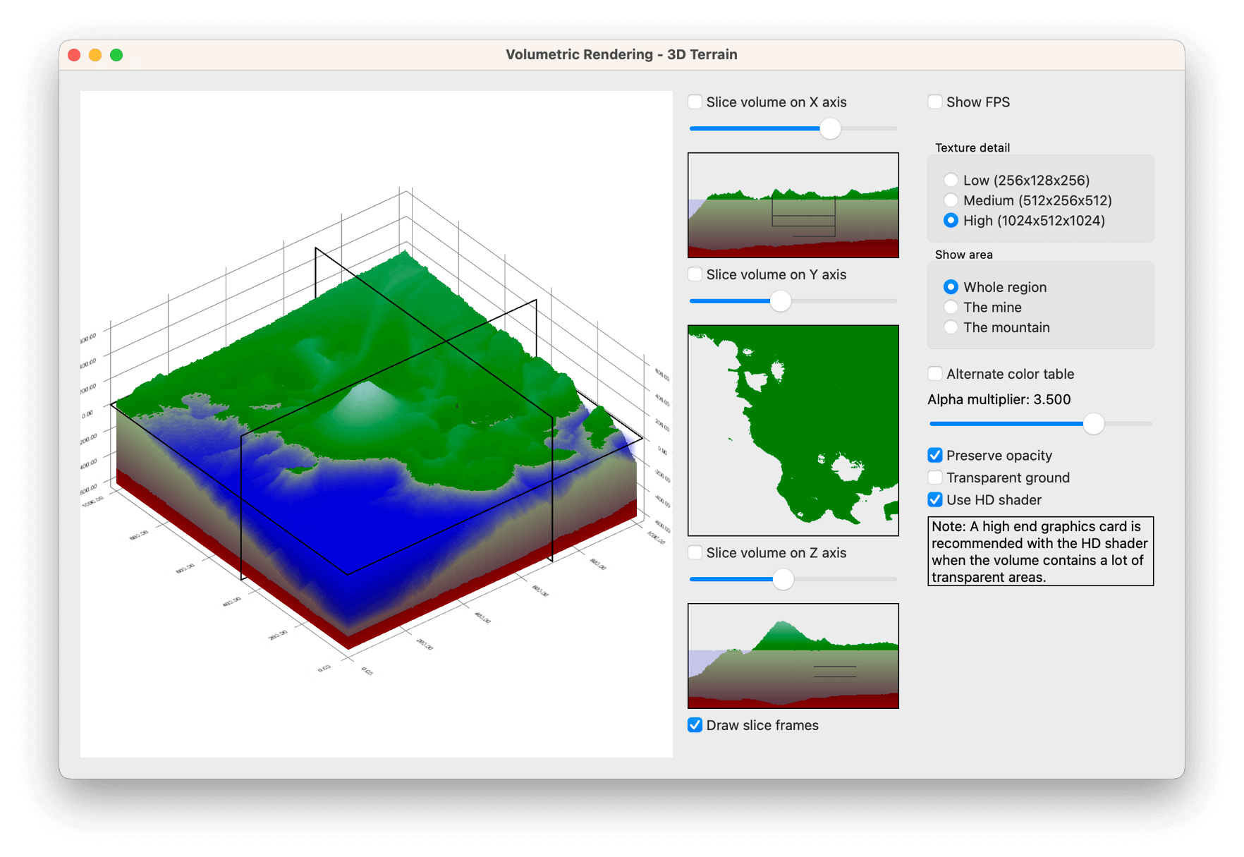 Volumetric rendering of 3D terrain with water and land layers