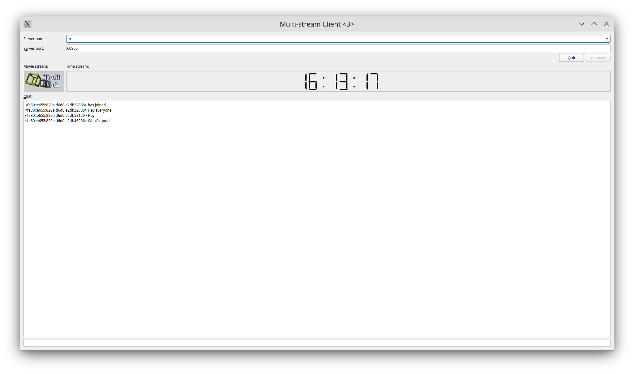 {このアプリケーションでは、SCTP通信を介して他のクライアントにデータを書き込むことができます。｝
