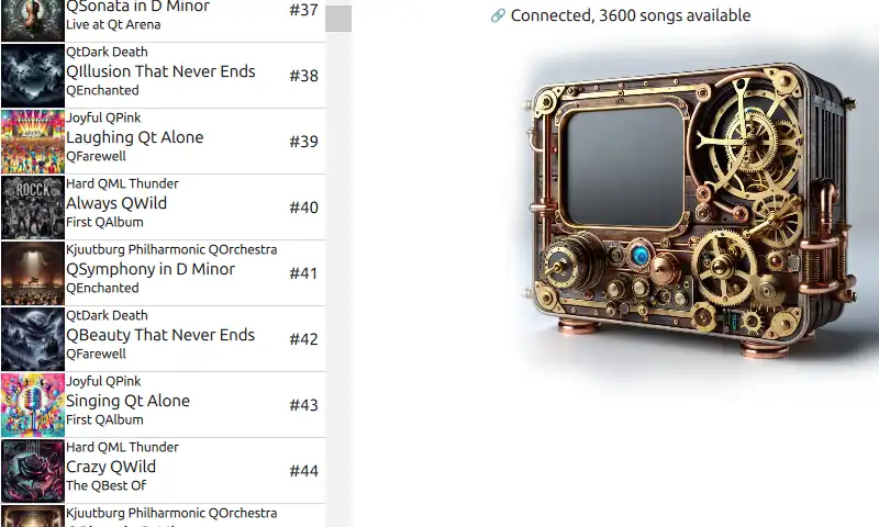 Screenshot der Anwendung, in der eine Songliste mit Albumcovern, Songnamen, Interpretennamen und Albumnamen zu sehen ist