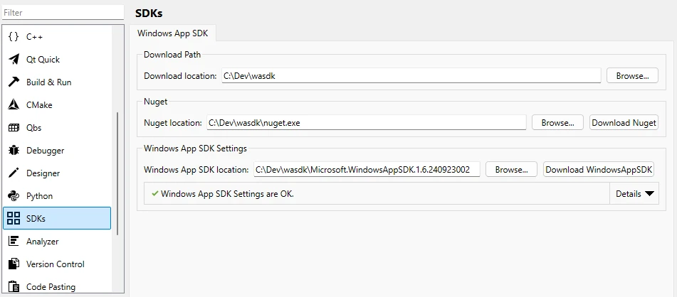 \QC SDKs Voreinstellungen.
