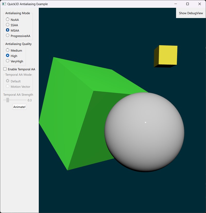 Cubo verde, esfera gris y cubo amarillo con panel de ajustes de antialiasing Cubo verde, esfera gris y cubo amarillo con panel de ajustes de antialiasing