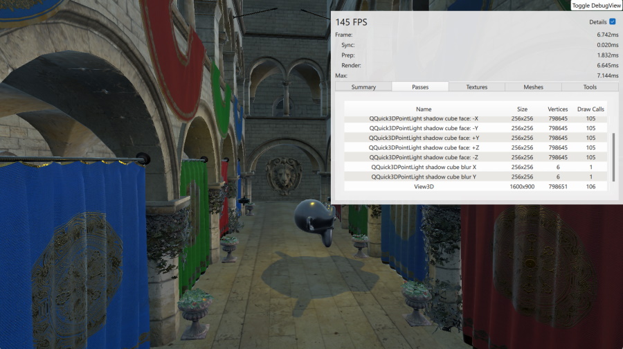 Suzanne con panel de depuración que muestra los pases de renderizado