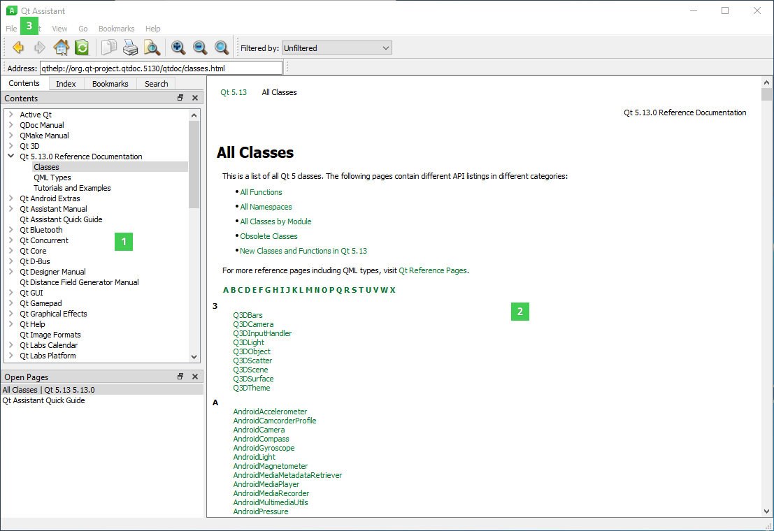 Captura de pantalla de la ventana de Qt Assistant con opciones para elegir la documentación de cada categoría Captura de pantalla de la ventana de Qt Assistant con opciones para elegir la documentación de cada categoría