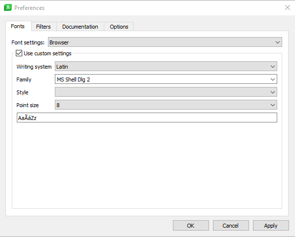 Captura de pantalla que muestra el menú de preferencias del Qt Assistant para cambiar la configuración de las fuentes.