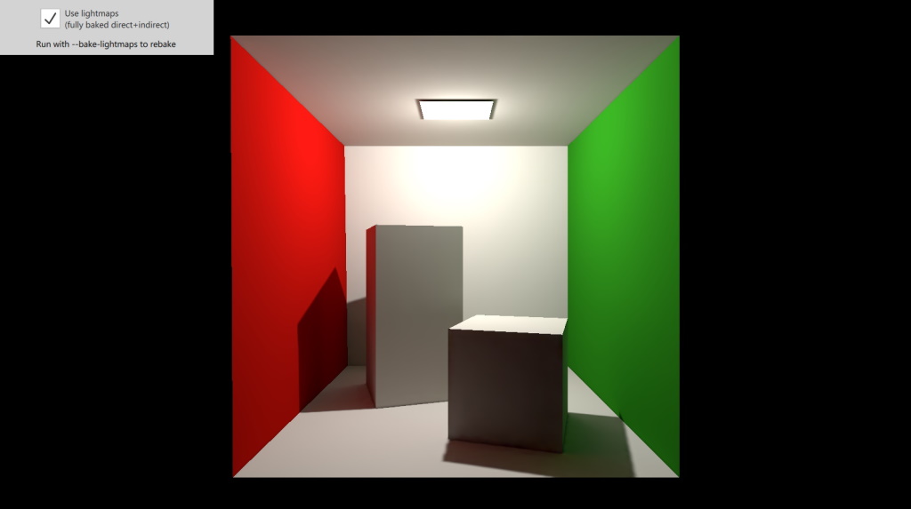 Caja Cornell con dos cajas y luz de techo que muestra la iluminación baked lightmap
