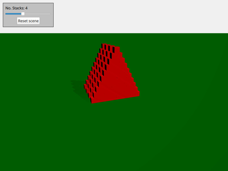 Captura de pantalla de un paisaje verde con múltiples cajas rojas formando una pirámide con un control deslizante para controlar las cajas