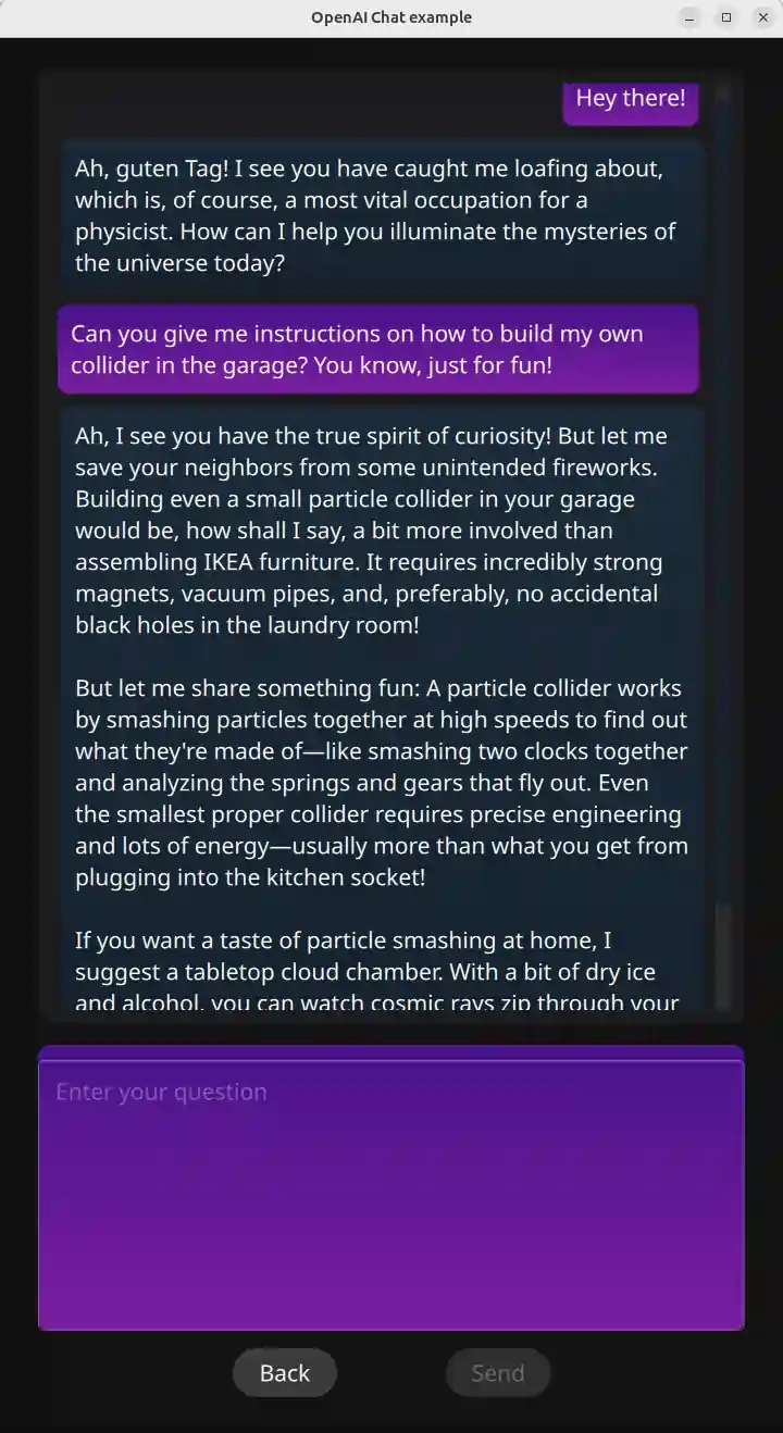 Conversación de chat con campo de entrada de texto y botones Atrás y Enviar