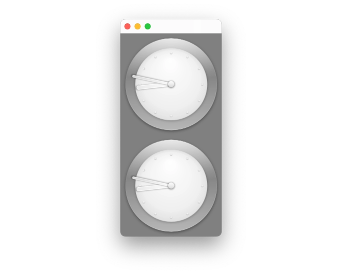 Ventana de aplicación que muestra dos relojes analógicos sincronizados