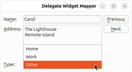 Aplicación con varios campos como Nombre, Dirección y Tipo