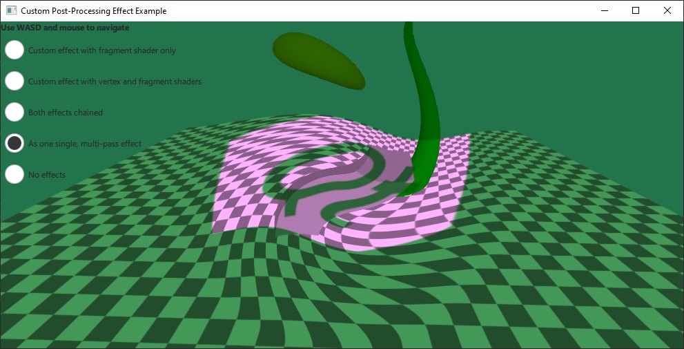 Escena deformada con logotipo Qt rosa y suelo a cuadros que muestra efectos de posprocesamiento personalizados.