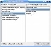 Captura de pantalla de "Configure Connecttion" que muestra qué funciones deben enviarse entre sí los widgets conectados. Captura de pantalla de "Configure Connecttion" que muestra qué funciones deben enviarse entre sí los widgets conectados.