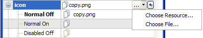 Captura de pantalla del editor de propiedades mostrando la propiedad icono con diferentes estados, Normal desactivado, Normal activado y Desactivado desactivado y la opción de elegir un recurso de imagen. Captura de pantalla del editor de propiedades mostrando la propiedad icono con diferentes estados, Normal desactivado, Normal activado y Desactivado desactivado y la opción de elegir un recurso de imagen.