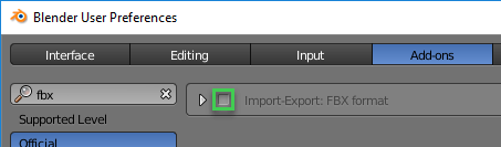 Las Preferencias de Usuario de Blender muestran el addon de formato FBX activado Las Preferencias de Usuario de Blender muestran el addon de formato FBX activado