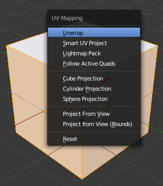 Menú UV Mapping de Blender con la opción Unwrap seleccionada Menú UV Mapping de Blender con la opción Unwrap seleccionada