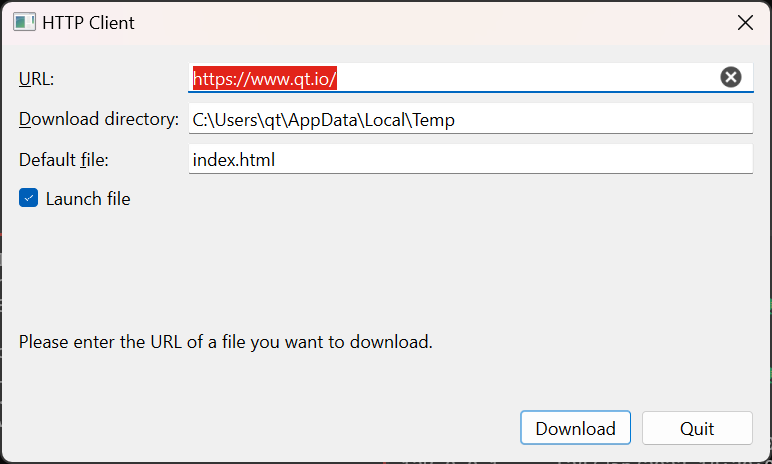 El usuario introduce la URL, el nombre del archivo y la ubicación de descarga en la ventana principal. La clase QNetworkAccessManager utiliza esta información para descargar el archivo