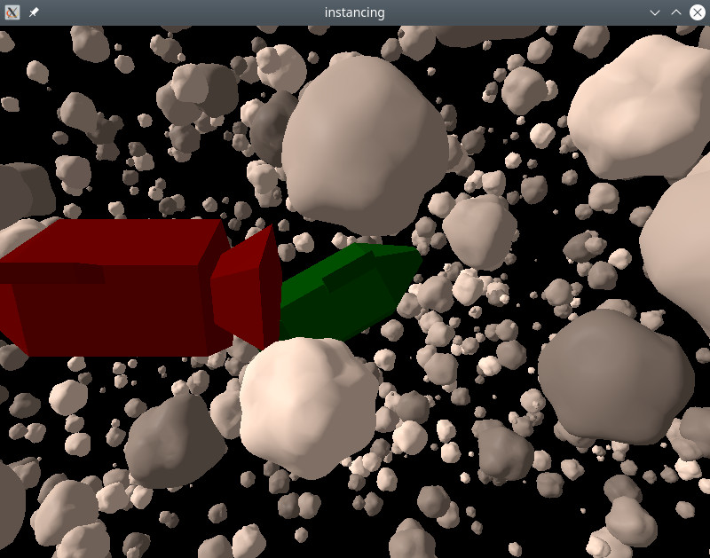 Escena espacial con un campo de asteroides y dos naves espaciales para demostrar el renderizado en instancias