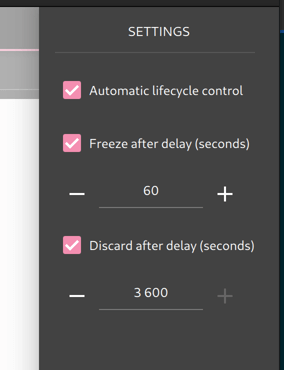 Configuración de las opciones Control automático del ciclo de vida, Congelar tras retardo y Descartar tras retardo.