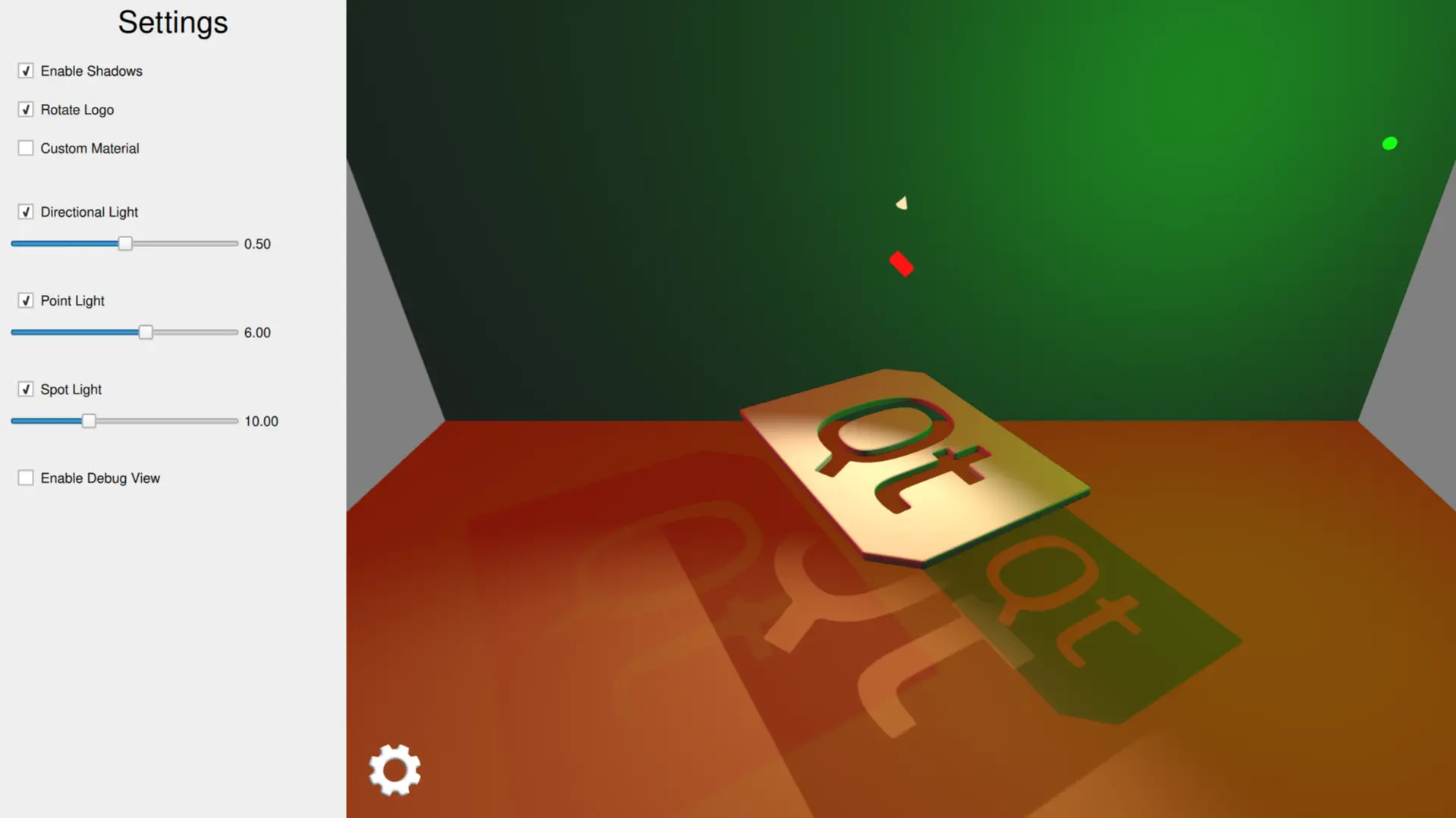 Azulejo de logotipo Qt con luces y sombras de colores que demuestra los tipos de iluminación