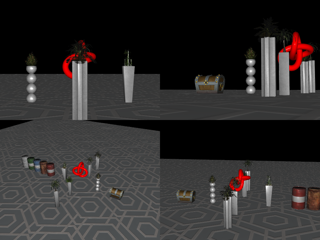 Cuatro vistas de cámara de una escena en 3D con macetas, barriles, una escultura de nudo rojo y un cofre del tesoro Cuatro vistas de cámara de una escena en 3D con macetas, barriles, una escultura de nudo rojo y un cofre del tesoro