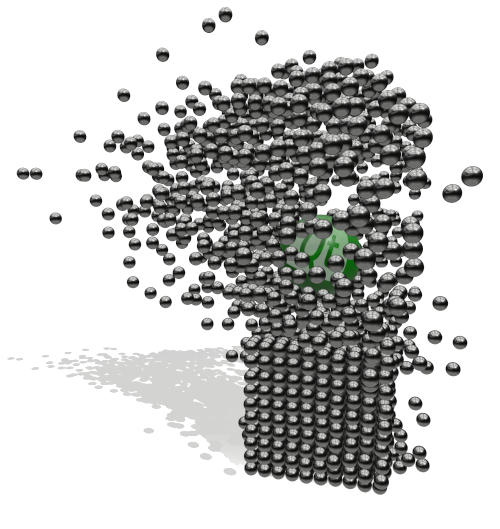 Captura de pantalla de una escena en la que una bola destruye una estructura de canicas al caer sobre ella