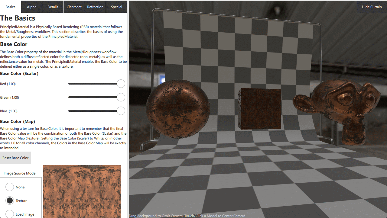 Vista previa del material con panel de control y deslizadores de propiedades