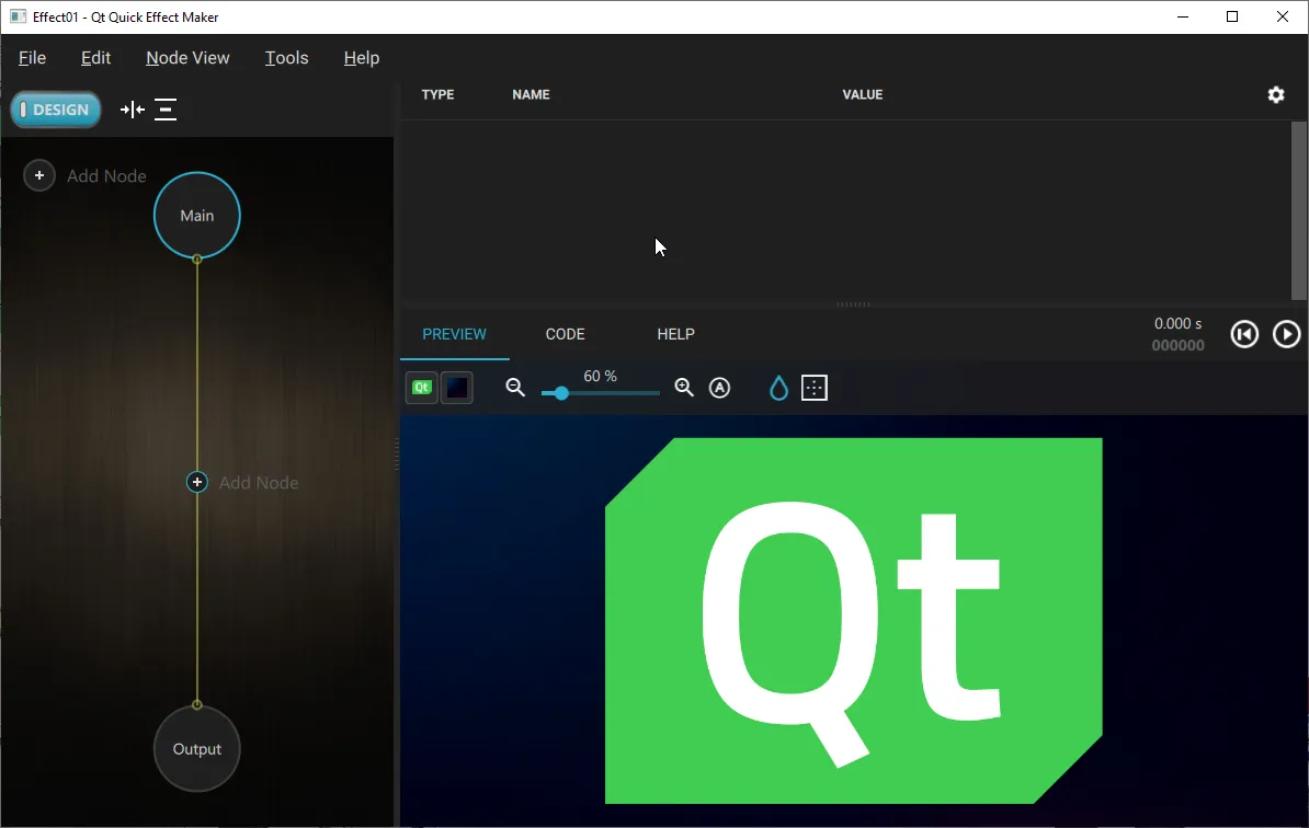 Qt Quick Effect Maker con editor de nodos a la izquierda y panel de vista previa a la derecha. Qt Quick Effect Maker con editor de nodos a la izquierda y panel de vista previa a la derecha.
