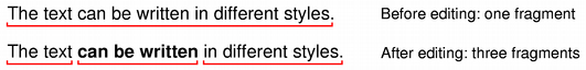 Captura de pantalla que muestra cómo un texto se separa en tres fragmentos si el texto central se pone en negrita. Captura de pantalla que muestra cómo un texto se separa en tres fragmentos si el texto central se pone en negrita.