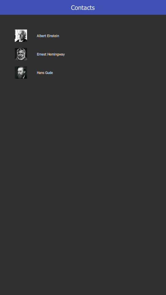 Página de contactos con estilo Material en tema oscuro
